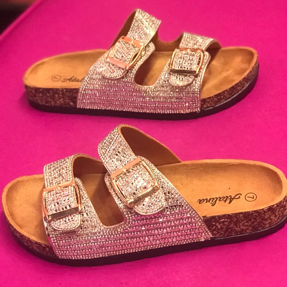 Italina Rhinestone Jewel Double Buckle Strap Cork Slide Contoured Sandal - Picture 14 of 15